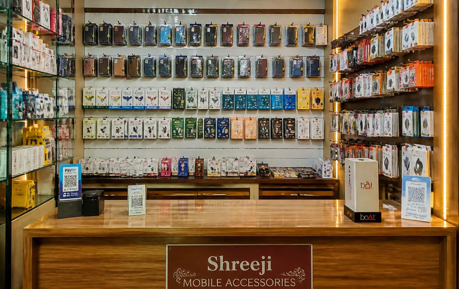 Inside the Sai Cell Point mobile accessories shop and parts at the Sai Cell Point service counter